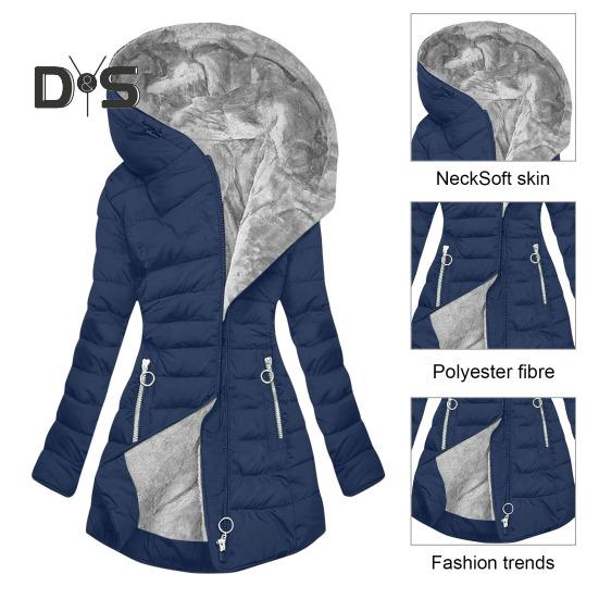 Giacca invernale da donna imbottita taglie forti con fodera in peluche, chiusura con cerniera imbottita, lunghezza media, con cappuccio, tinta unita, caldo, antivento