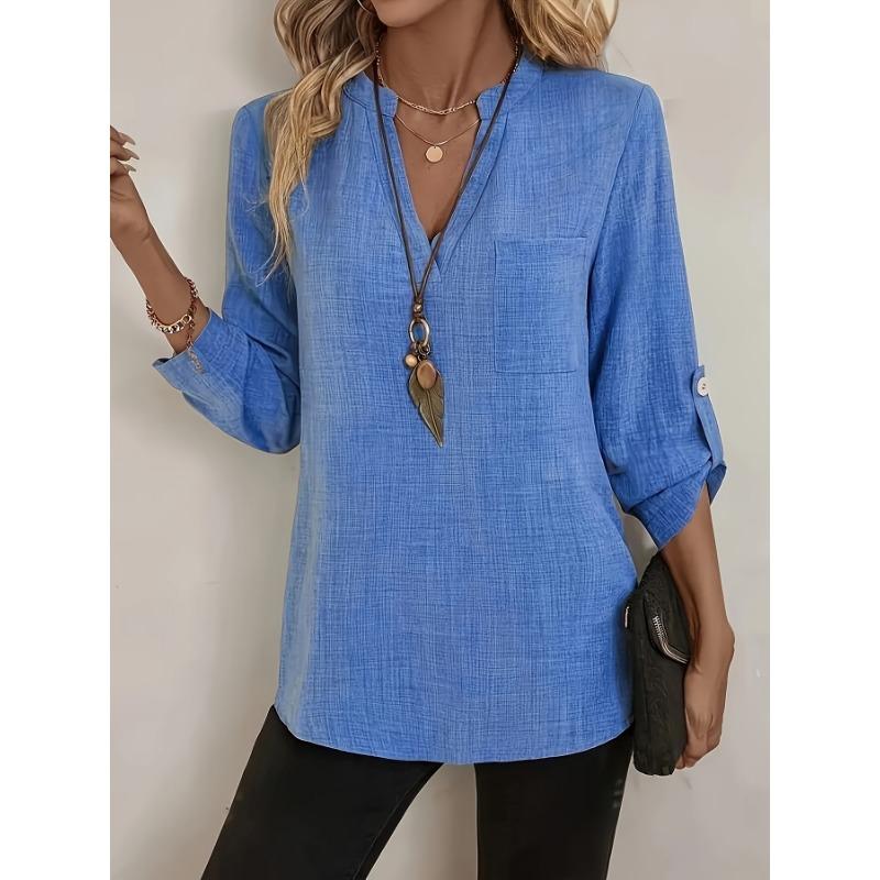 Casual V Neck Large Size Loose Women Blouse Fashion Elegant Tops Pocket Short Sleeve Simple Office Shirts Spring Solid Color Cothing