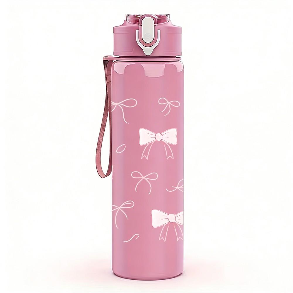 1PC Soft Pink Bow Repeat Pattern 750ml Color Plastic Sports Water Bottle Leakproof Flip Straw Lid Suitable for Sports Office Home Use