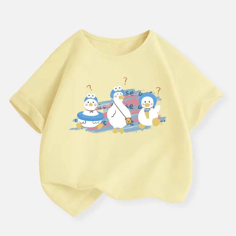 Summer Kids Playing Duck T-shirt Purple Print Girls Tshirt Children Short Sleeve T Shirt Fashion Casual Cotton Tee Clothes