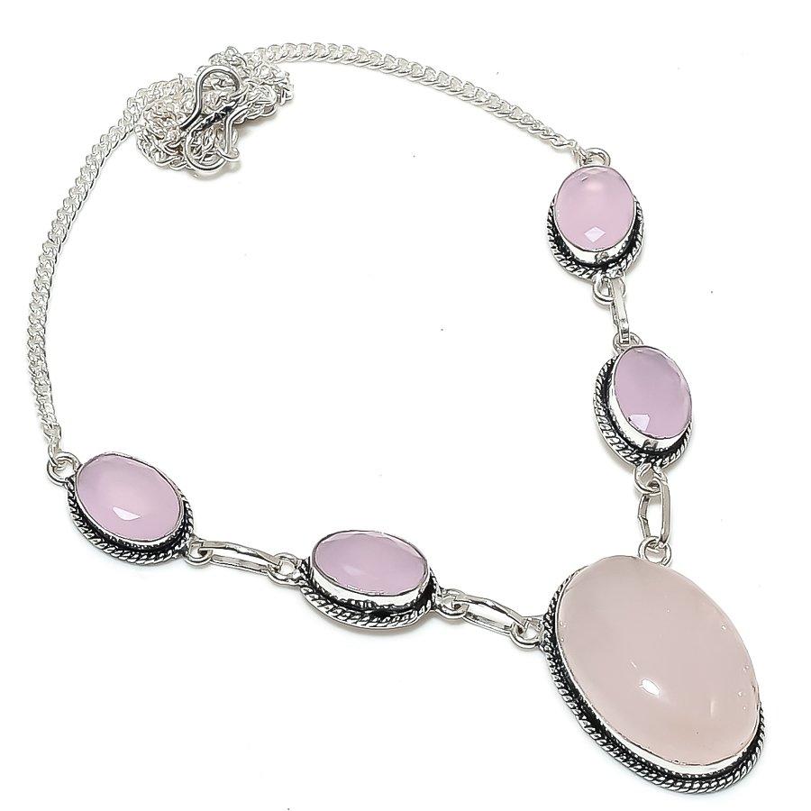 

Натуральный розовый кварц, халцедон 925 стерлинговое серебро ювелирное ожерелье 18 l1Z79