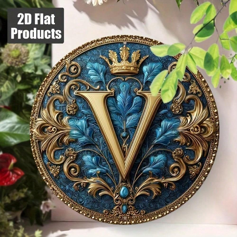 Vintage Metal Wall Decor Ornate Letter V Plaque 8x8 Inch Aluminum Baroque Home Art Turquoise Golden 2D Flat Hanging