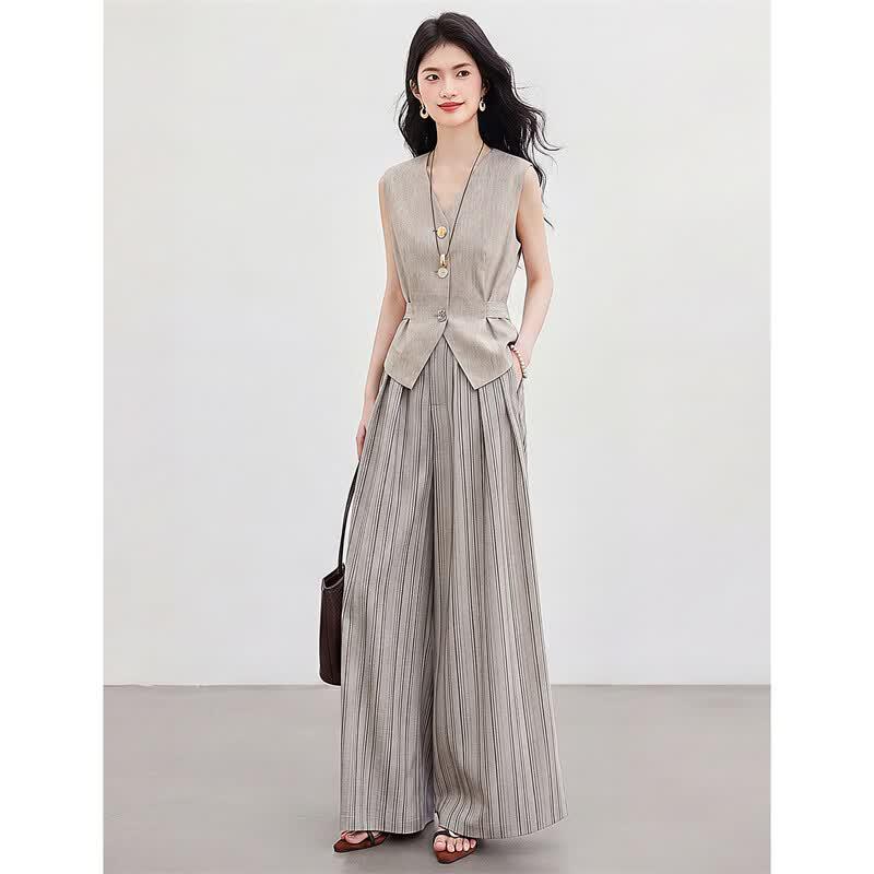 Completo da Donna Elegante con Gilet Senza Maniche e Pantaloni a Gamba Larga a Righe