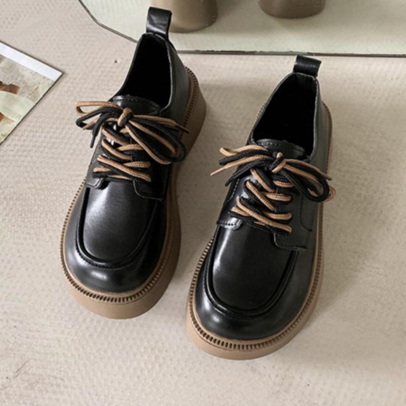 Women's College Style Lace-up Leather Shoes Thick-soled Casual Non-slip Wear-resistant Loafers