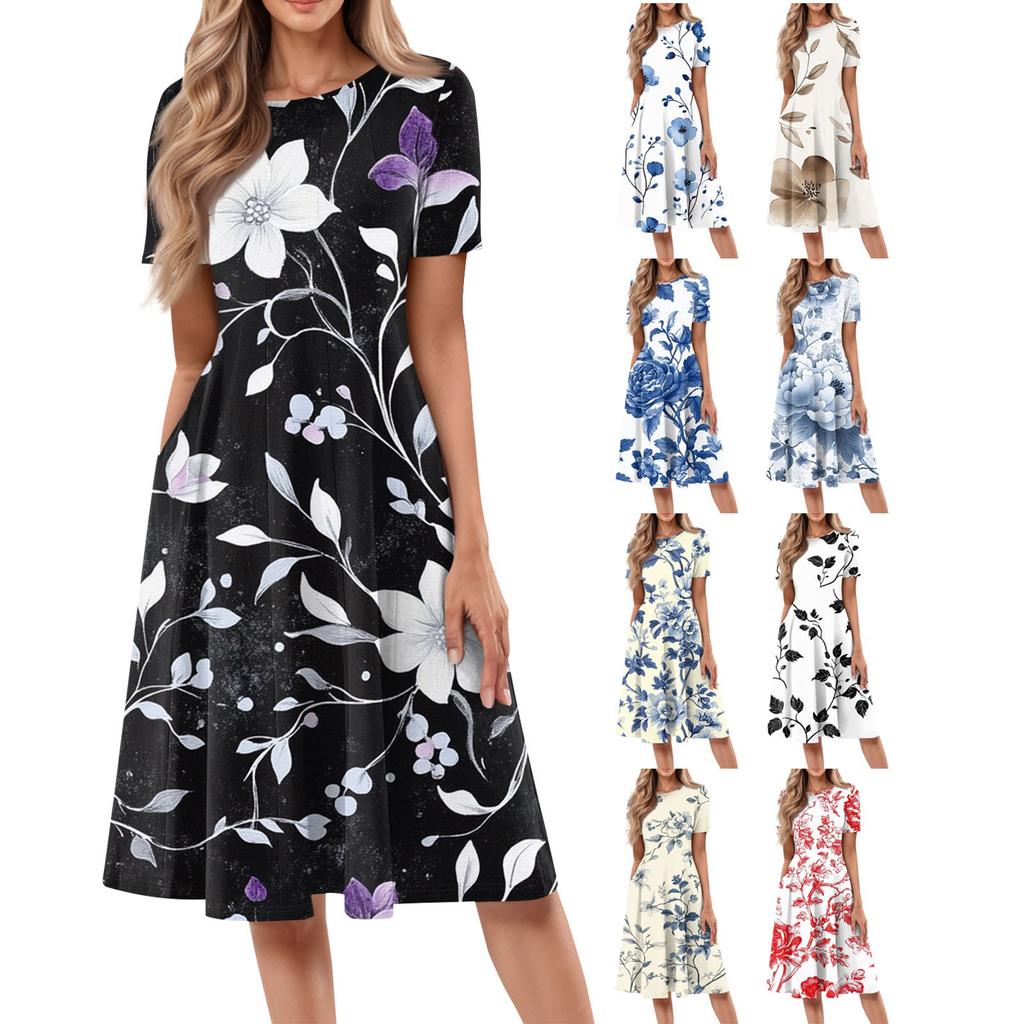 Women's Fashion Short Sleeve Vintage Printed Dress Cosplay Party Evening Dress