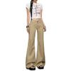 Women's High Rise Flare Jeans Loose Fit Solid Khaki Washed Thin Denim Wide Leg Long Trousers American Retro Casual Style