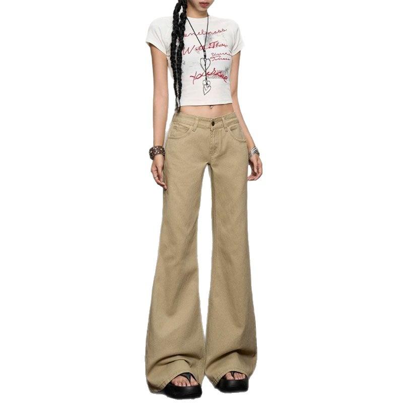 Women's High Rise Flare Jeans Loose Fit Solid Khaki Washed Thin Denim Wide Leg Long Trousers American Retro Casual Style