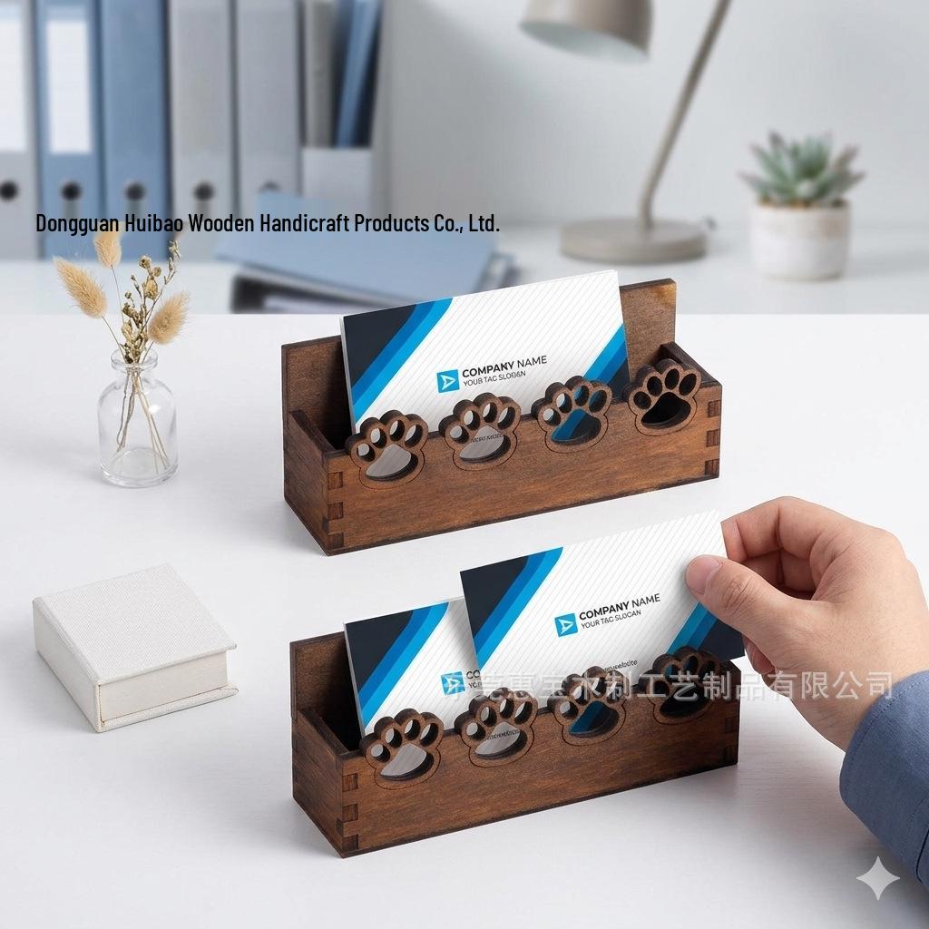 Pet-Themed Wooden Paw Print Business Card Holder & Postcard Display Stand 50
