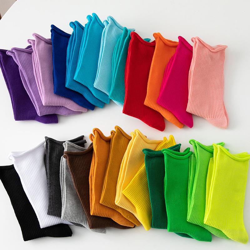 Colorful Women's Mid-Calf Candy Color Cotton Socks - Versatile for Spring and Autumn, Sporty and Over-the-Knee.