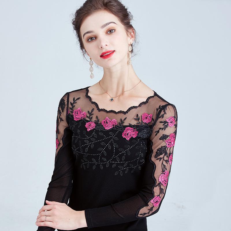 Korean Style Embroidered Long-Sleeve Gauze T-Shirt for Women