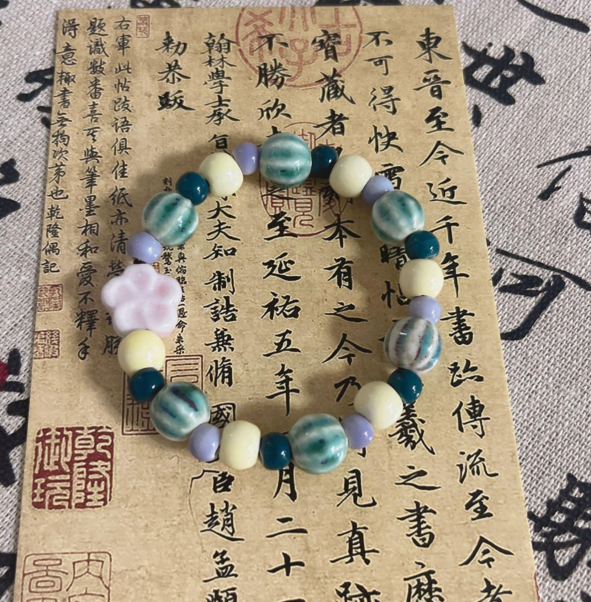 High Value Pink Girly Jingdezhen Ceramic Bracelet, New Chinese Ethnic Sweet Beaded Bracelet for Girlfriend