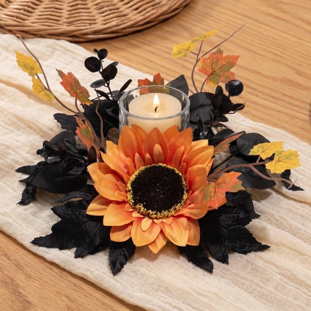 Halloween Theme Maple Leaf Candle Holder Wreath Handmade Pillar Ring Wreath Fireplace Decoration