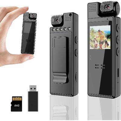1080P Portable Mini Body Wearable Pocket Video Recorder with 180° Rotatable Lens, 1.3" LCD, Night Vision for Law Enforcement, Built-in 64G Memory