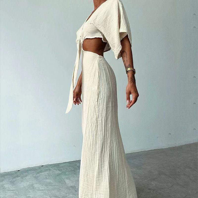 

Western Style Sexy Slim fit V-neck Hollow out Waist Dress Sexy Hollow out V-neck Dress Milky White S