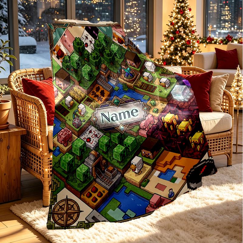 Custom Name Personalized Minecraft Print Blanket, Home Decor, Bedroom, Sofa, Camping, Couch, Gifts for Birthday Christmas