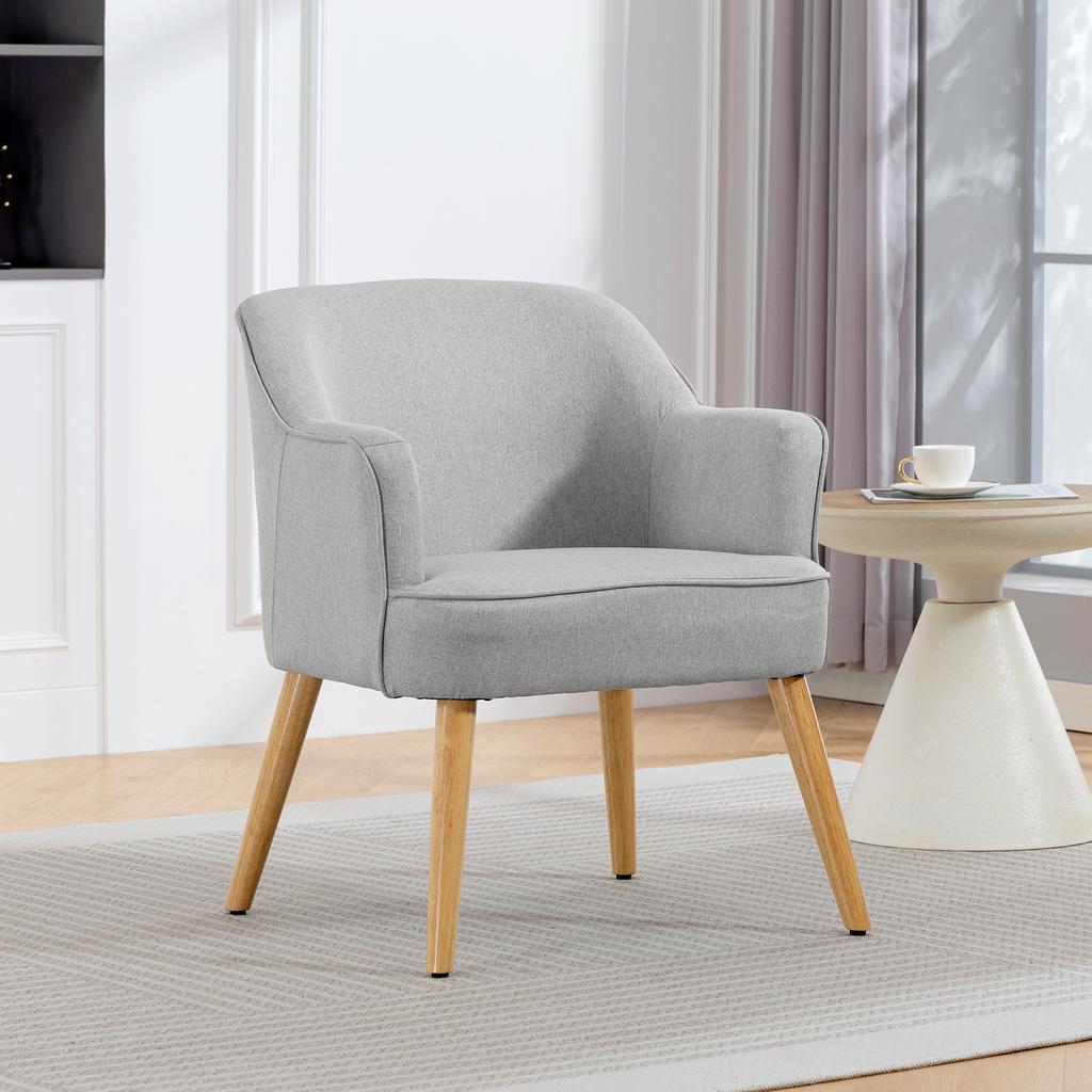Modern Living Room Armchair Upholstered in Synthetic Linen Wooden Legs for Bedroom Office 64.5x65x79.5 cm Cream
