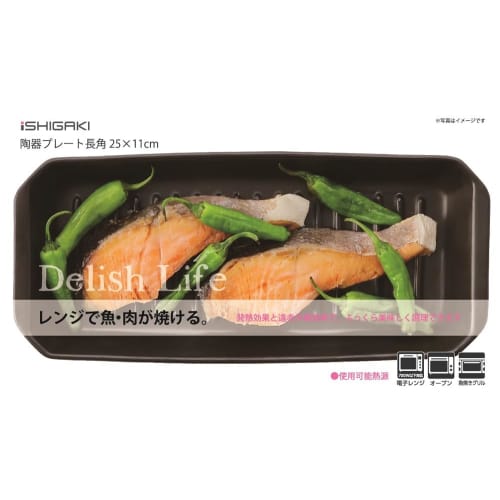 Ishigaki Delish Life Microwave Grilling Ceramic Plate for Meat and Fish, Rectangular, 25 X 11 Cm, Product Number: 4557