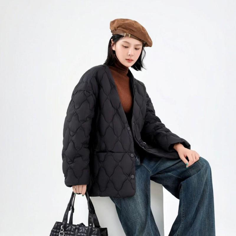 Womens Lightweight Down Coat Winter Warm Loose Fit Mid-Length V-Neck Duck Jacket Black Caramel Beige Gray Coffee
