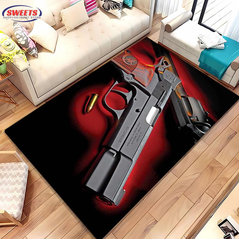Pistolen-Themenbereichsteppich, Sturmgewehr Pistole Revolver Pistole Teppich für Wohnzimmer Schlafzimmer Sofa Fußmatte Dekor Rutschfeste Bodenmatte Geschenke