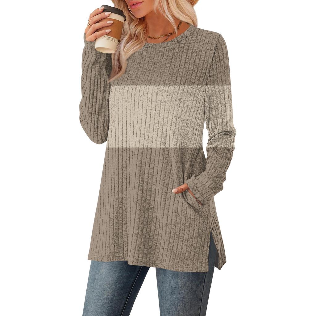 Womens Sweaters Crewneck Long Sleeve Shirts With Pockets Fall Outfits Fashion Winter Clothing Side Slit