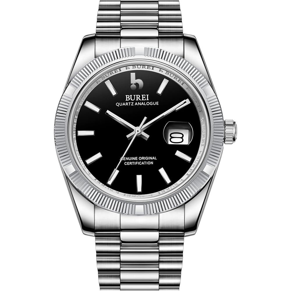 BUREI Men s Analog Quartz Watch Waterproof Simple Fashion Black Silver Night Glow Business Timepiece