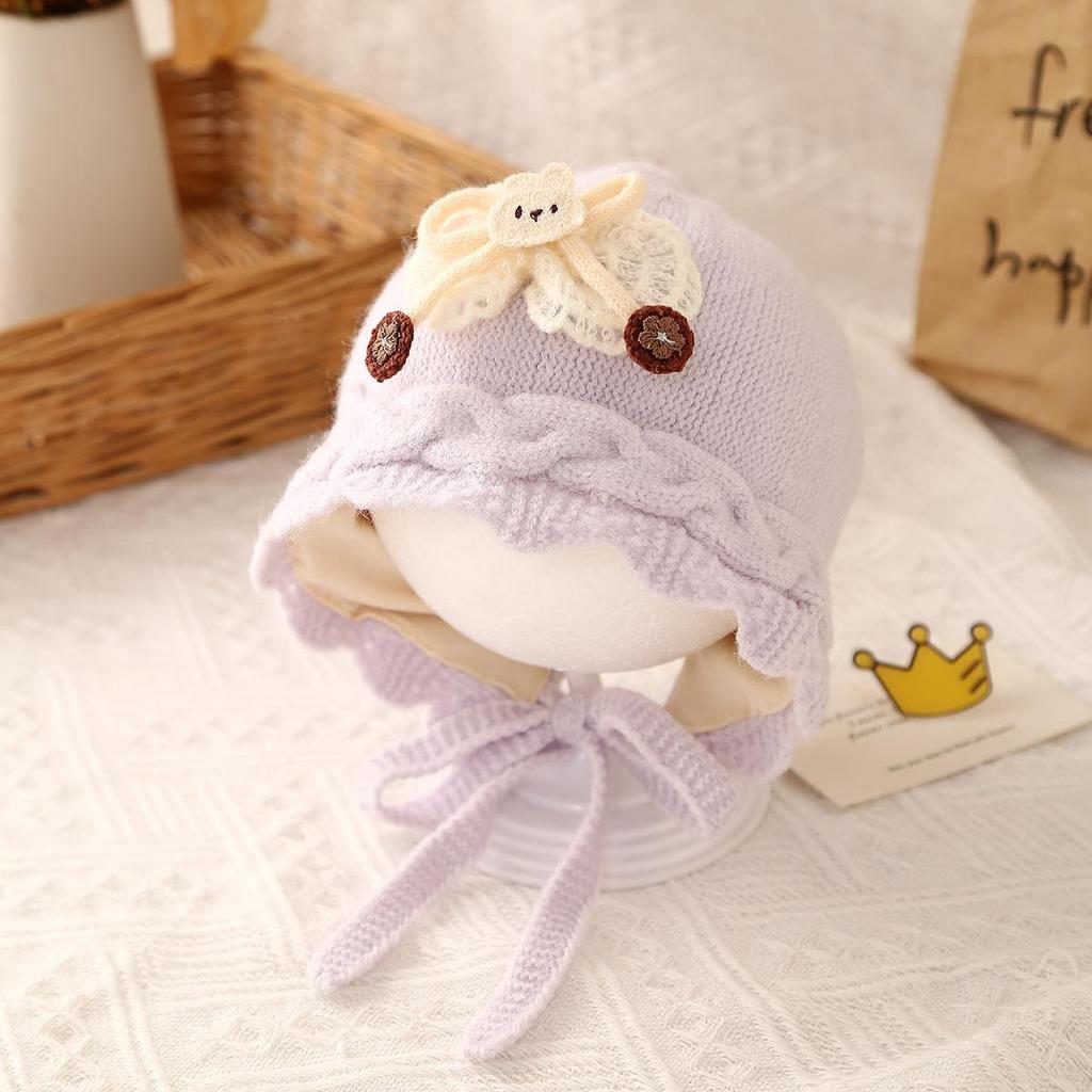 Jesienno-zimowa urocza dziergana wełniana czapka dla małych dziewczynek z ochroną uszu