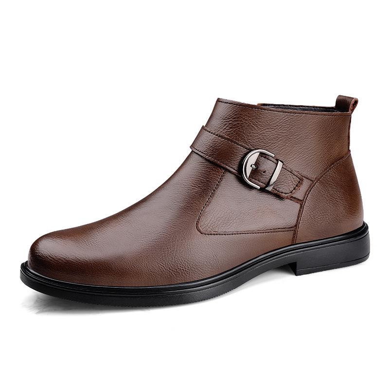 Men's High-Top Leather Slip-On Boots: Formal Casual Cowhide Shoes for Autumn/Winter with Warm Cotton, Large Sizes Available.