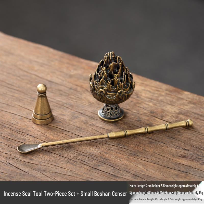 Retro Boshan Incense Burner Set: Incense Tower Mold, Seal, and Spoon for Ceremony - No Sticky Powder Sandalwood.