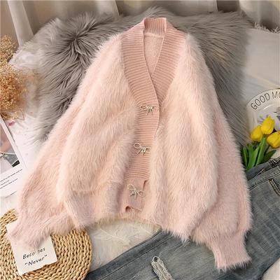Autumn Winter Thickened New Loose V-neck Design Top Short New Mink Fluff Sweater Jacket Women's Cardigan