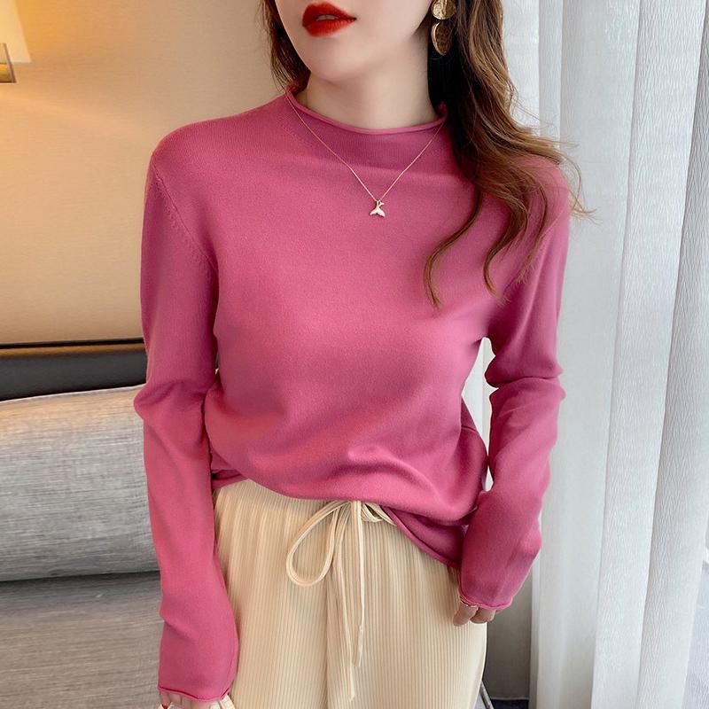 Høst Tynn Underdel Ensfarget Basis Pullover Genser for Kvinner Vinter Langermet Halvhøy Hals Strikkede Gensere Damer Elegant Casual Strikkeplagg 24843