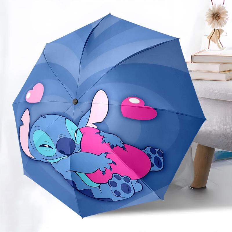 Stitch, Hartjes Thema Automatisch Open- en Sluitende Paraplu, Felgekleurde 8-ribs Draagbare Paraplu, Geschikt voor Mannen en Vrouwen, Een Perfect Cadeau voor