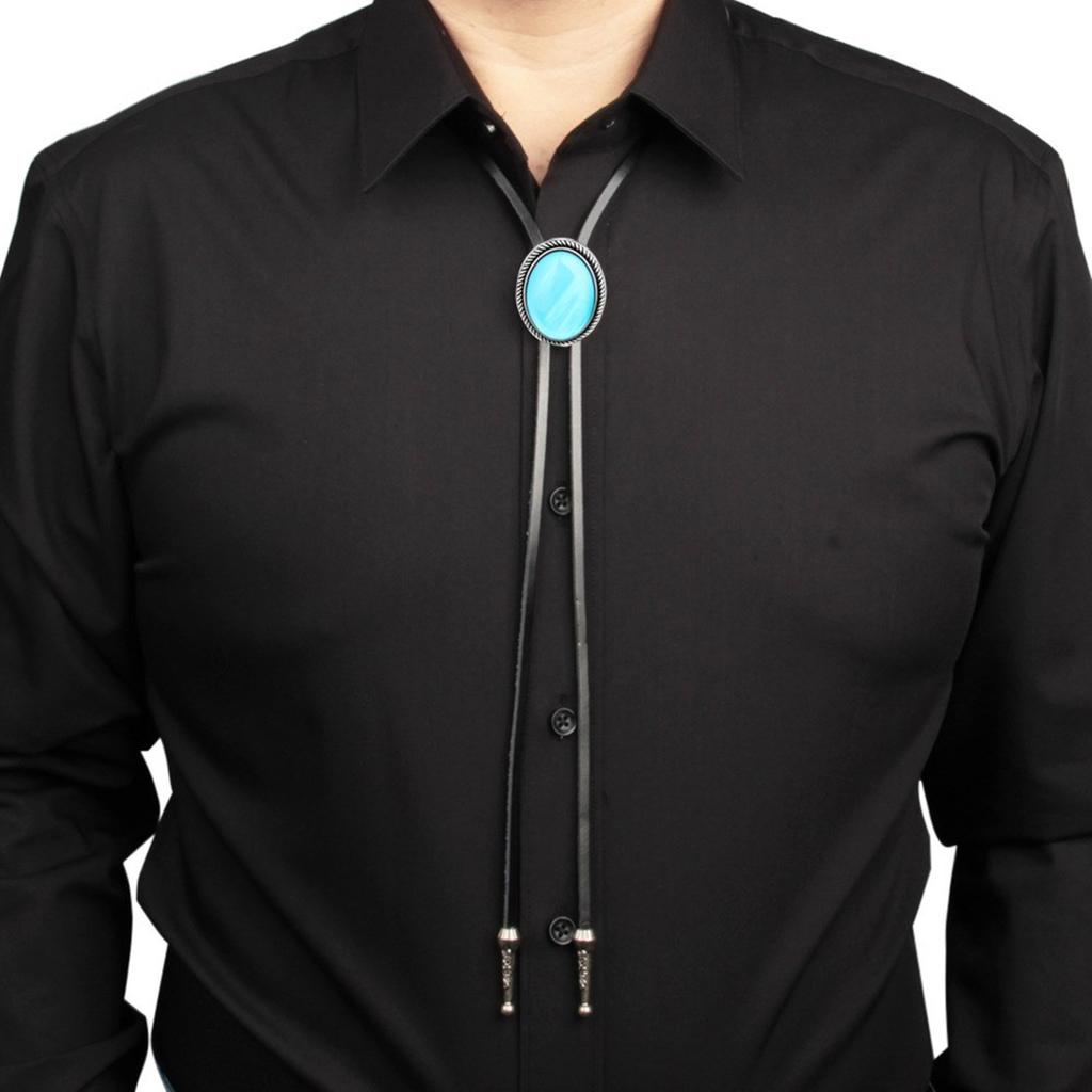 Unisex Vintage Oval Shape Stone Pendant Bolo Tie Western Faux Leather Rope Necktie Jewelry Shirt Collar Chain Necklace