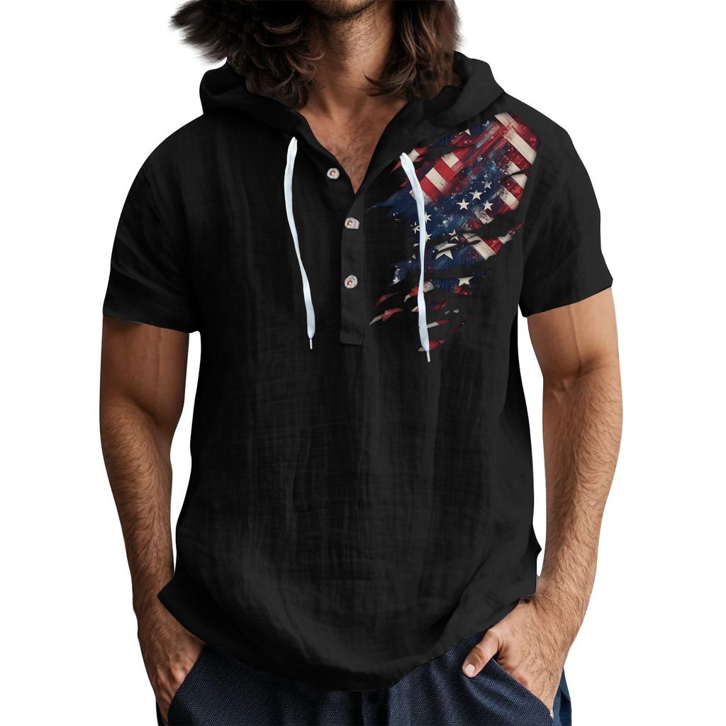 Men'S Casual Short Sleeved Hooded Top Buttoned Open Neck T-Shirt