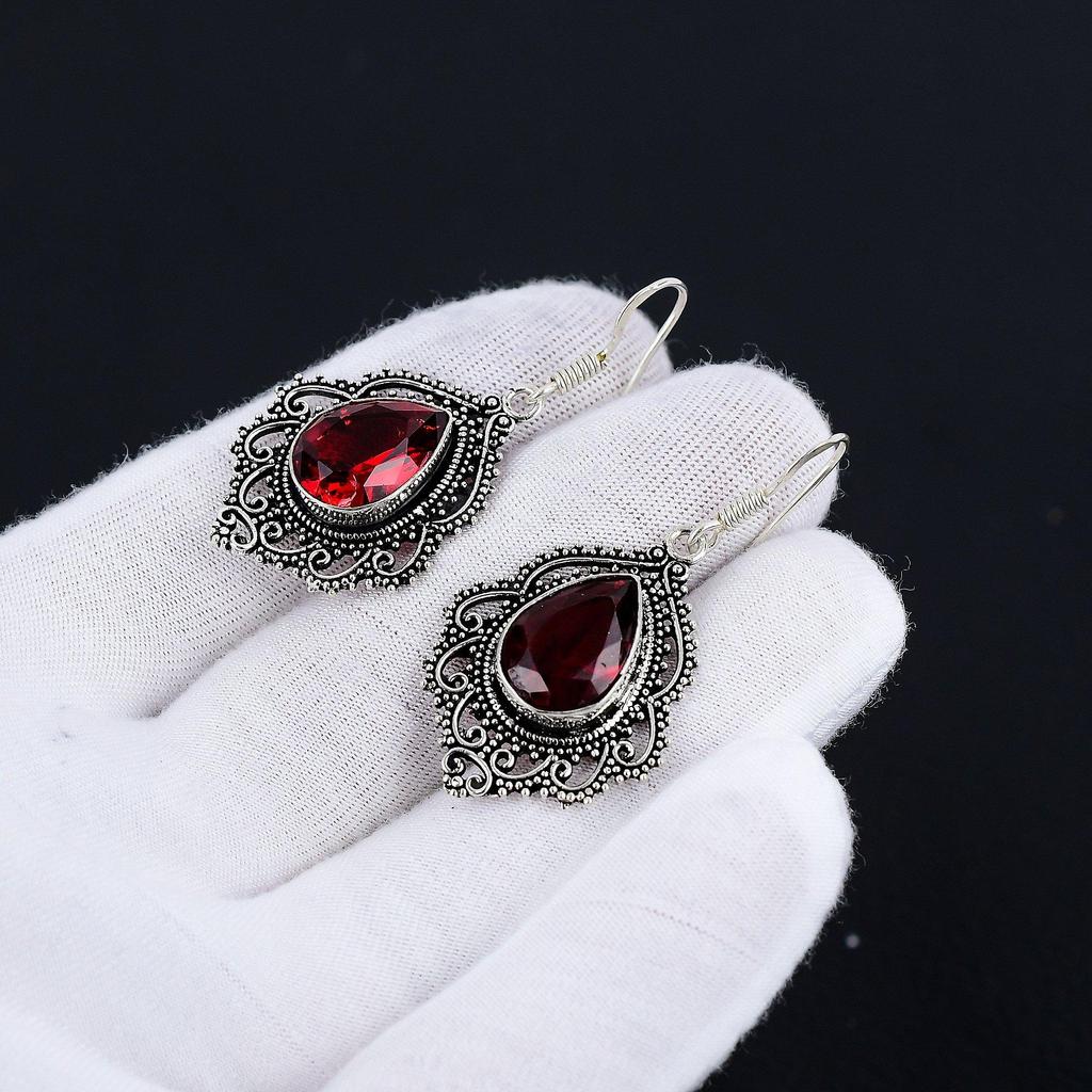 Rote Granat-Ohrringe, Edelstein-Ohrringe, antike rote Granat-Edelstein-Silber-Ohrringe, 925er massiver Silber-Edelstein-Schmuck, Edelstein-Ohrringe für Sie