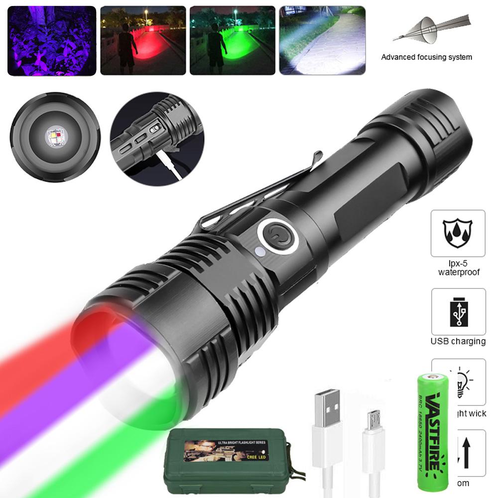 Tactical Flashlight Zoomable Red/Green/UV/White Powerful Torch USB Rechargeable Hunting Torch Professional Night Scout Lights
