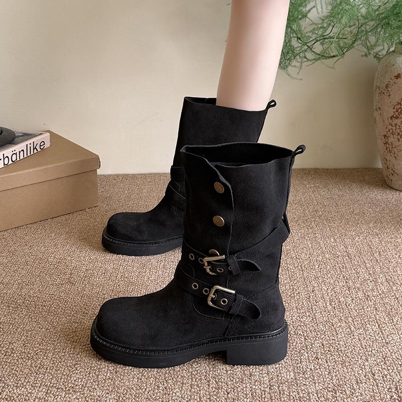 Western two wear denim fashion boots autumn new with skirt retro Maillard polished thick heel medium boots women