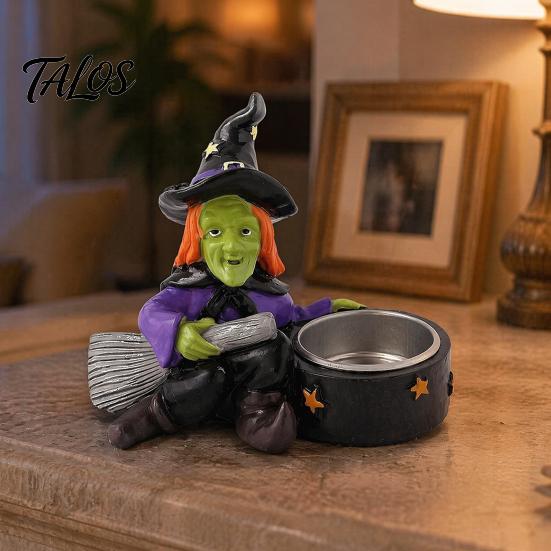 Halloween Skull Candlestick Holder Witch Resin Candle Holder, Spooky Star Cup Tealight Stand Decorative with Metal Heatproof Liner, Gothic Tabletop