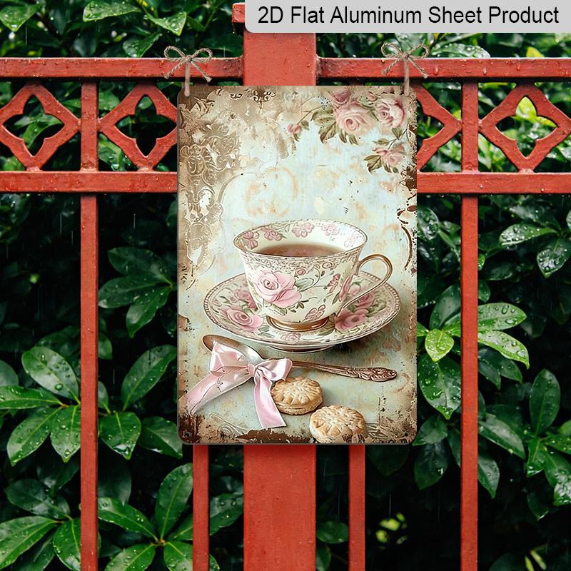 2D Flat 1pc Vintage Floral Teacup Metal Wall Decor - 8x12 Inch Aluminium Sign with Pink Roses & Lace, Pastel Spring Home Accent for Bedroom