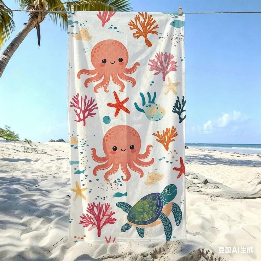 Cute Sea Turtle Microfiber Beach Towel, Ocean Life Coral Starfish Bath Towel, Tropical Animals Travel Blanket for Kids Adults