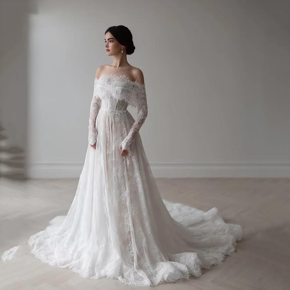 Wedding dress 1011 summer new one-word shoulder wedding dress large skirt leaking back lace trailing wedding dress
