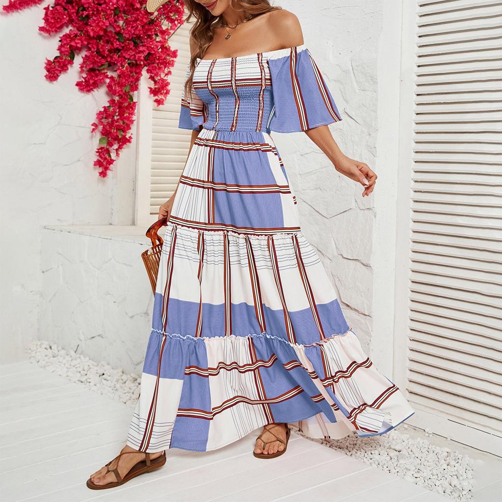 Women's Casual Fashion Solid Colour One Neck Short Sleeve Waist Slim Long Big Swing Dress