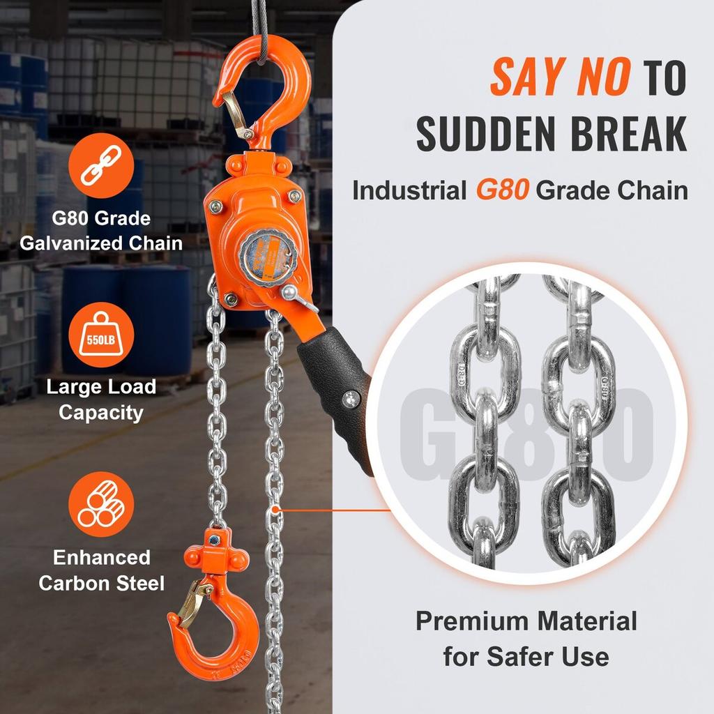 Manual Lever Chain Hoist, 1/4 Ton 550 Lbs Capacity 10 FT Come Along, G80 Galvanized Carbon Steel with Weston Double-Pawl Brake, Auto Chain Leading &