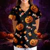 Women's Halloween Print V-Neck Short Sleeve Scrub Top with Pockets, Loose Fit