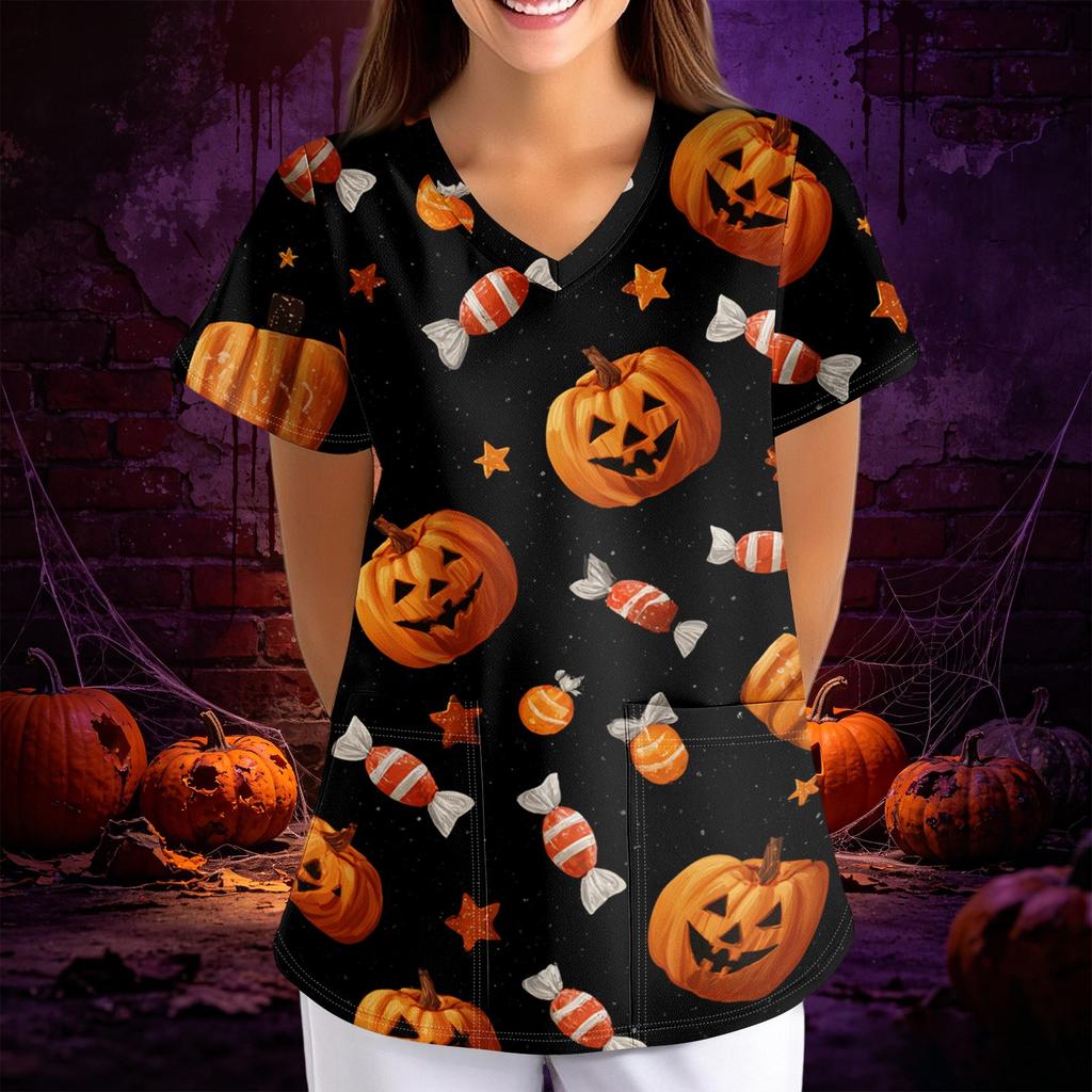 Women's Halloween Print V-Neck Short Sleeve Scrub Top with Pockets, Loose Fit