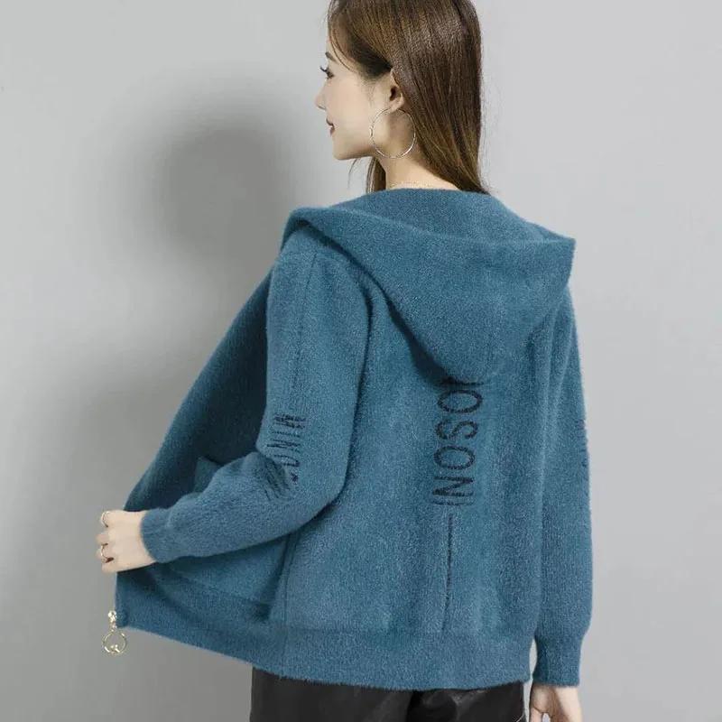Smvp Mink-like Women's Sweater Autumn Winter Coat  Female Korean Hooded Jacket Foreign Gold Velvet Knitted Cardigan Overcoat