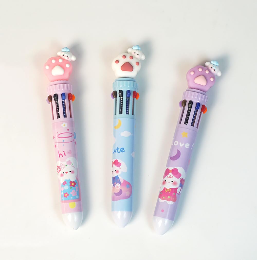 Clapoyis Set of 10 Ballpoint Cat 3-Piece Colors, 0.5mm Pens, Animal,