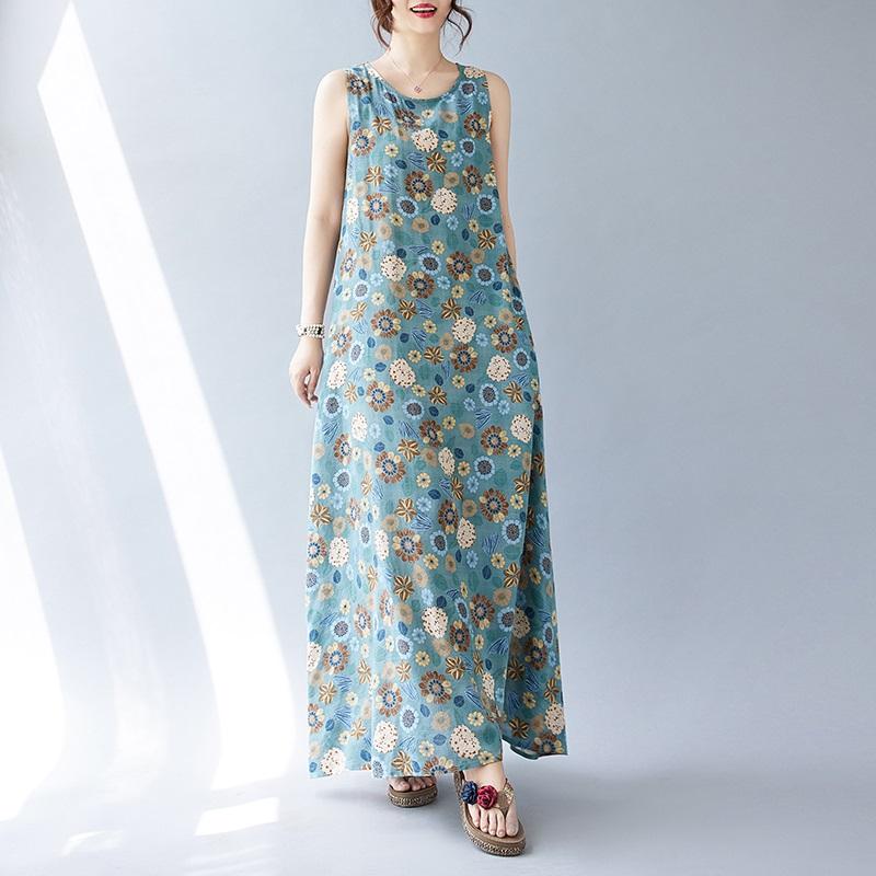Sleeveless Plus Size Cotton Vintage Floral New In Dresses for Women Casual Loose Long Summer Dress