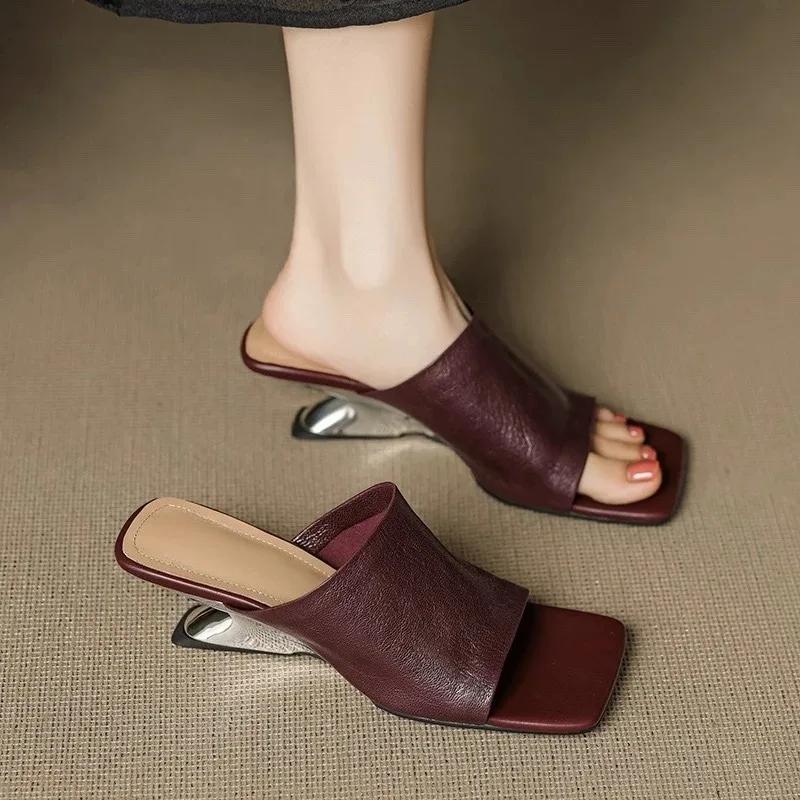 Fashion Handmade Soft Leather One-word Slippers Women's Outer Square Toe Summer New Fashion Retro Temperament Sandals