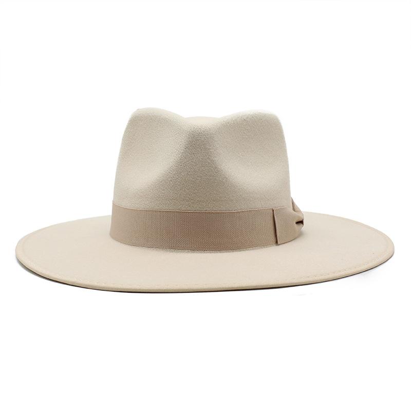Wool, Beige Hemmed Big-Brimmed Jazz Top Hat, Men'S And Women'S Bows, Water Drop Top Jazz Hat, Felt Hat.