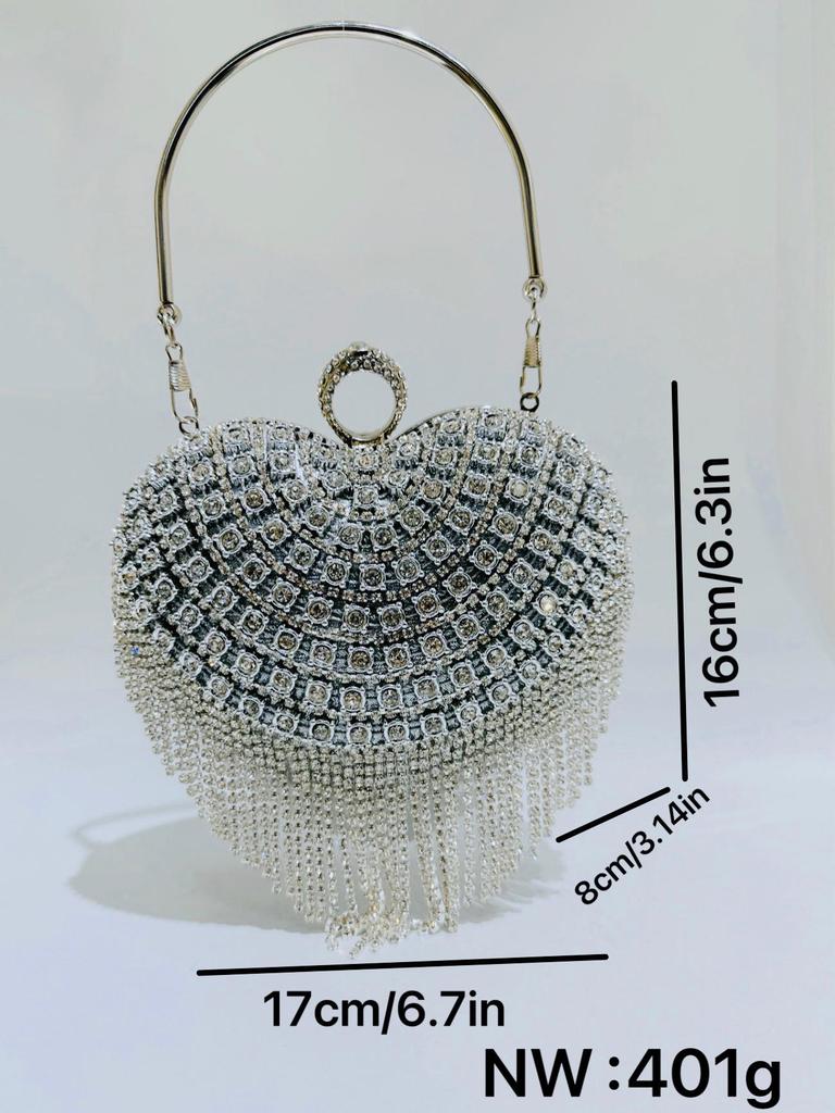 European & American Fashion Rhinestone Heart Handbag - Women's Tassel Evening Bag